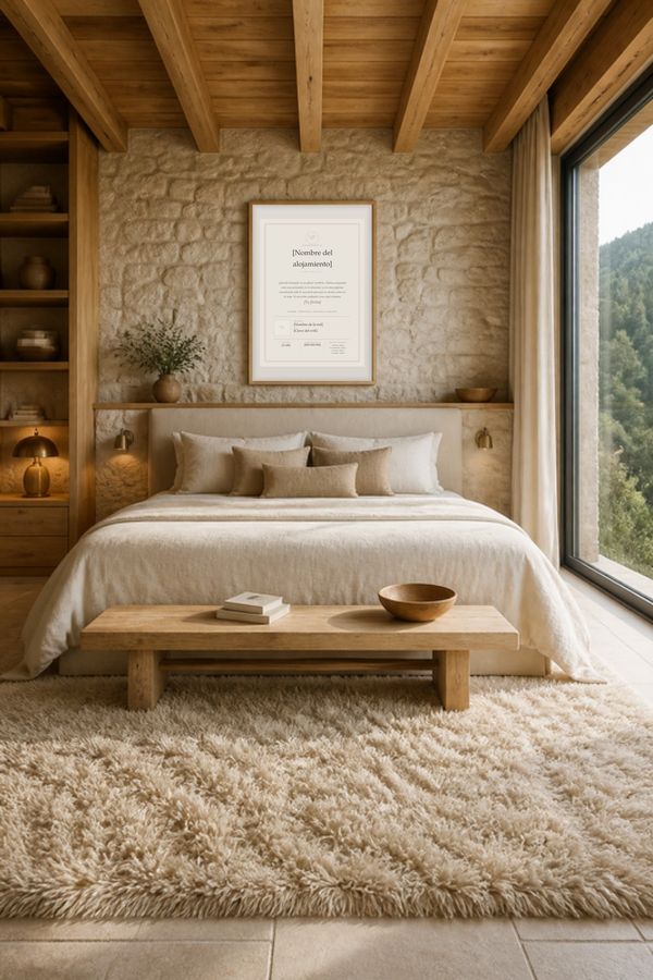 Dormitorio de montaña luminoso con piedra y lana