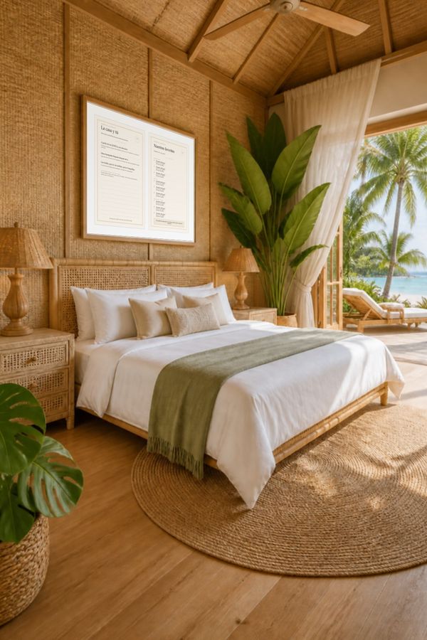 Dormitorio de estilo tropical con ratán y vistas a palmeras
